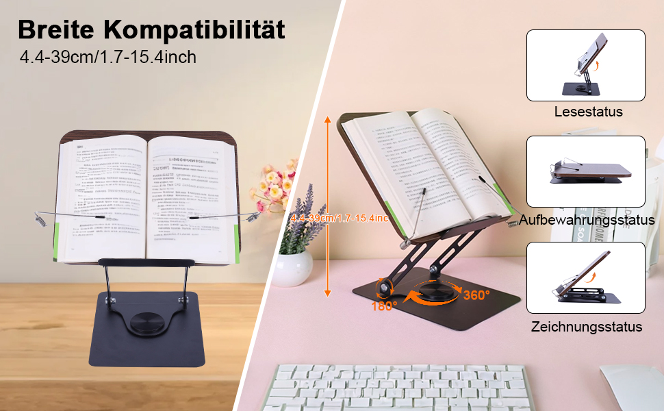 Configuration ajustable du porte-livre ou du porte-documents avec clavier, indiquant les mesures de largeur de compatibilité et les différentes options de positionnement.