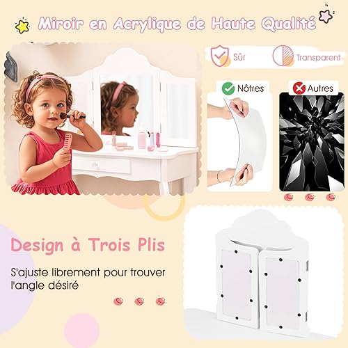 COSTWAY Coiffeuse et Tabouret pour Enfants, avec Miroir à 3Panneaux et Tiroir, Coiffeuse Amovible 2 en 1, Meuble MDF, 70 x 34 x 104 CM, Rose (Blanc) - Nail Gallerys