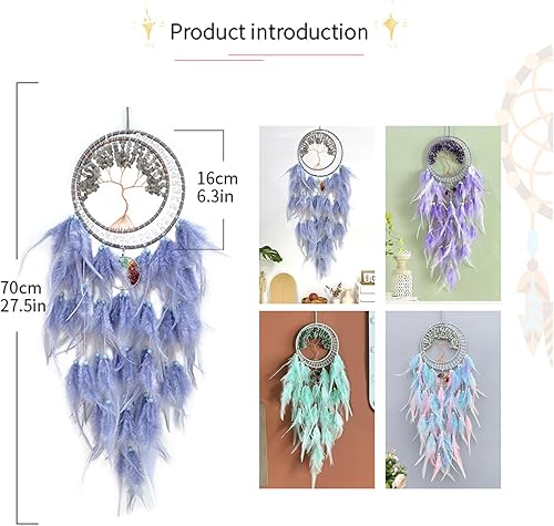 Pasdrucn 16x70cm Attrape-rêves en Plumes d'arbre De Vie, Filles Attrape-rêves Bohème, Attrape-rêves avec Arbre De Vie, Kit De Bricolage en Cristal Naturel pour Enfants (Bleu) - Nail Gallerys