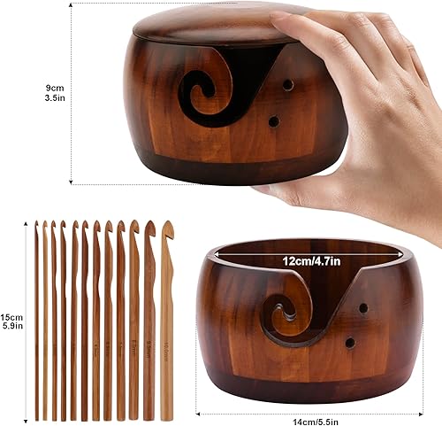 Bol à fil en bois avec couvercle fait à la main avec 12 crochets en bambou pour crochet, accessoires de tricot, loisirs créatifs, cadeau pour femme (bois de pin) - Nail Gallerys