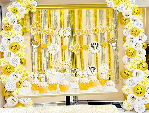 JeVenis just married décorations de fête guirlande décorative de mariage bannière bague diamant en or blanc dessus de gâteau en forme de ballon fournitures de fête de mariage pour la fête de mariage - Nail Gallerys