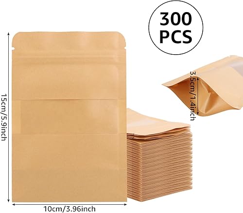 AKOLAFE Lot de 300 sacs en papier kraft avec fenêtre - 10 x 15 cm - Marron - 3,5 cm d'épaisseur - Hermétiques - Pour bonbons, noix, grains de café, épices, feuilles de thé - Nail Gallerys