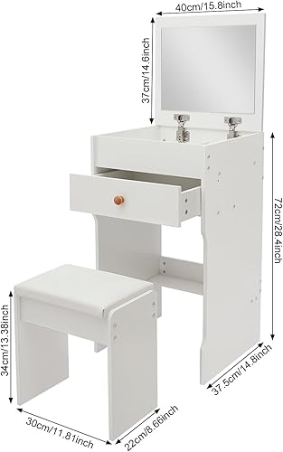 Zoobotanica Coiffeuse 3 en 1 avec tabouret, miroir rabattable, table cosmétique compacte avec tiroirs, petite coiffeuse pour chambre à coucher, 40 x 37,5 x 72 cm, blanche - Nail Gallerys
