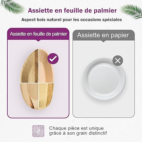 Waipur Assiette Feuille de Palmier - 25 Assiettes Ovales 25x17 cm - Vaisselle Jetable de Qualité Supérieure - Stable, Naturelle et au Design Unique - Assiette Bambou similaire - Nail Gallerys