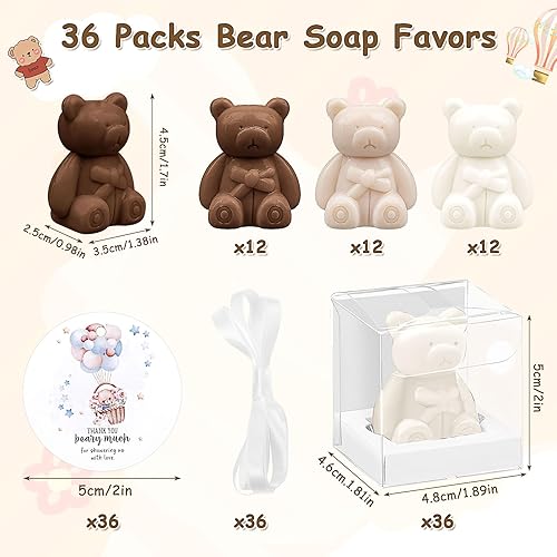 Lot de 36 savons en forme d'ours pour fête prénatale, mini savon en forme d'ours mignon avec cartes de remerciement et boîtes, savons parfumés en vrac pour décoration, cadeau d'invité, fournitures de - Nail Gallerys