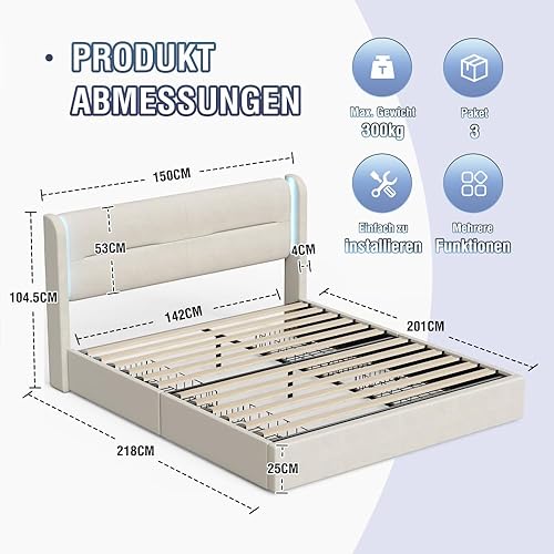 Seyakany Cadre de lit 140 x 200 avec éclairage LED et Deux Ports USB,lit 140x200 avec sommier à Lattes,Coffre capitonné avec 4 tiroirs de Rangement Pratiques,1/2 Personnes avec Rangement,Noir - Nail Gallerys