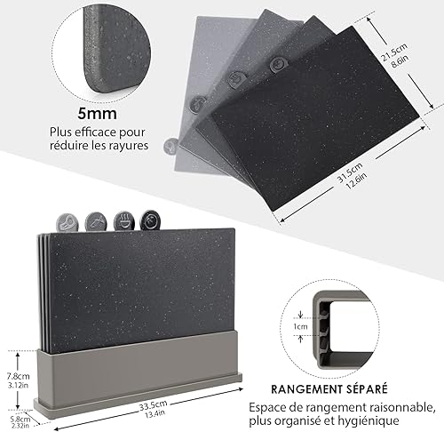 MASTERTOP Ensemble de 4 Planches à Découper Index, Planche à Découper Plastique Antidérapant avec Etui de Rangement, pour Préparation Séparée des Différents Aliments (Gris Dégradé) - Nail Gallerys