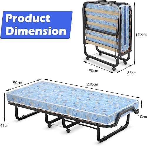 Giantex Lit Pliant 90x200 cm pour Adulte, Lit d'Appoint Pliable avec Matelas en Mousse à Mémoire de Forme, Lit de Voyage Adulte avec 4 Roues, Lit d'Invité Pliant en Métal, Charge Jusqu'à 120 kg - Nail Gallerys