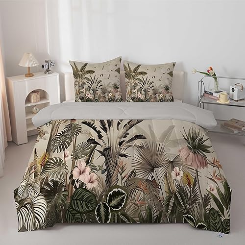 FamHarbor Couette 200x220 cm 4 Saisons, Couette Legere Motif Plante, Couette Imprimée Jungle avec 2 Taies d'oreiller pour Lit 2 Personnes, Marron Edredon Couette sans Houss Lavable, EA309 - Nail Gallerys