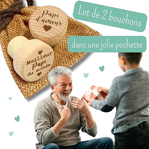 Lot de 2 Bouchons pour Bouteille de Vin Gravés - Idéal pour Papa, Papi, Parrain, Tonton - Cadeau Parfait pour Fête des Pères, Anniversaire & Plus - Design Unique en Bois de Hêtre (Papi) - Nail Gallerys