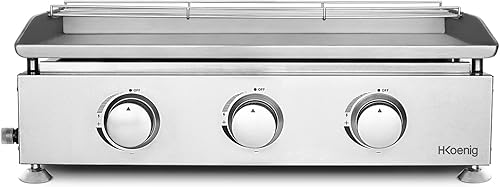 H.Koenig Plancha PLX930 au Gaz 3 Brûleurs U Acier Inoxydable, Alimentation au Gaz Propane ou Butane, Répartition Homogène de la Chaleur, Température réglable jusqu'à 350°C, Pieds Antidérapants - Nail Gallerys