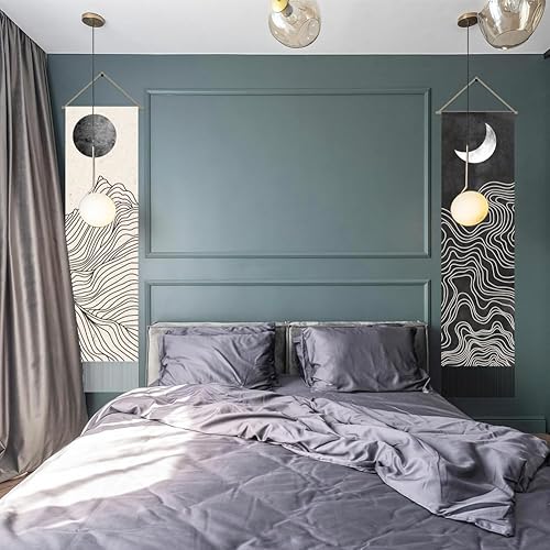 AHANDMAKER Lot de 2 tapisseries bohèmes soleil et lune, noir et blanc, soleil et lune à suspendre verticalement, minimaliste abstrait à pompons esthétiques pour chambre à coucher, salon (115,7 x 33 cm - Nail Gallerys