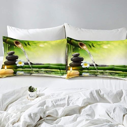 Drap Housse 140x200 cm Thème Zen, 3D Bambou Drap-Housse en Microfibre, Drap Plat 2 Personnes, Drap Housse avec 2 Taie d'oreillers pour Matelas Épais CL2038 - Nail Gallerys