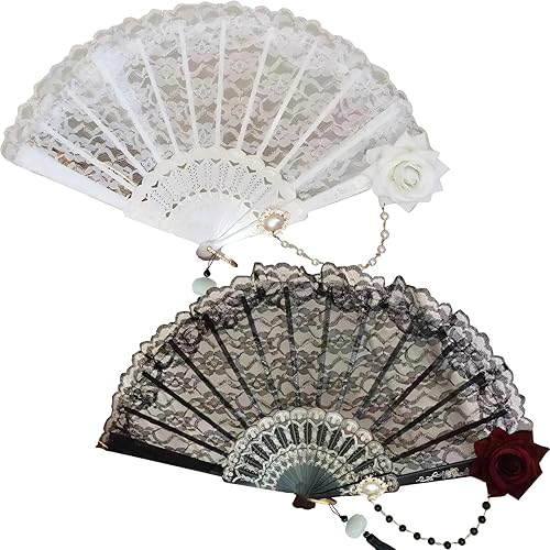 Éventail pliable en dentelle - Éventail pliable à fleurs creuses délicates - Style espagnol - Éventail pliable rétro en dentelle avec pendentif - Chaîne de perles - Éventail pliable vintage en relief - Nail Gallerys