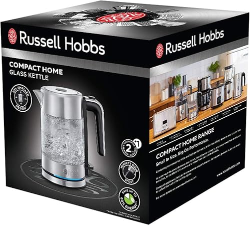 Russell Hobbs Bouilloire Electrique en verre [Compacte & Design] Compact Home (0,8L, 2200 W, Ecoulement parfait, Eclairage LED, Filtre anticalcaire, Ouverture auto., Ergonomique, Base 360°) 24191-70 - Nail Gallerys