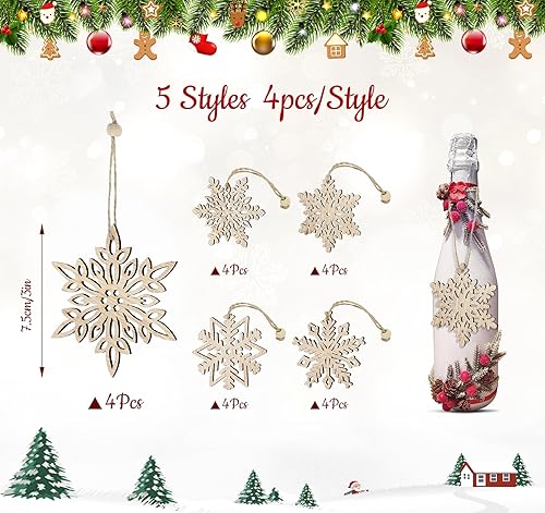 estcoo Lot de 20 Flocon de Neige, 5 Styles Decoration Noel en Bois pour Sapin Rustique, Arbre de Noël Ornements à Suspendre pour l'Artisanat Bricolage Mariage-7,5 cm - Nail Gallerys