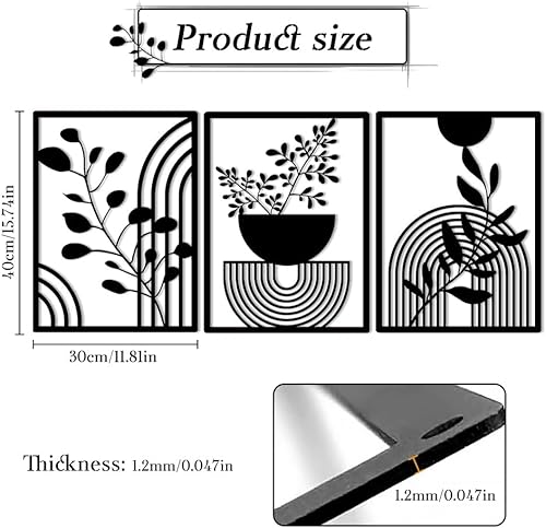 burkfeeg Lot de 3 Panneaux Muraux Géométriques Modernes en Métal Noir - Deco Boheme-Décoration Murale pour la Maison, la Chambre à Coucher, le Salon - 30 x 40 cm - Nail Gallerys