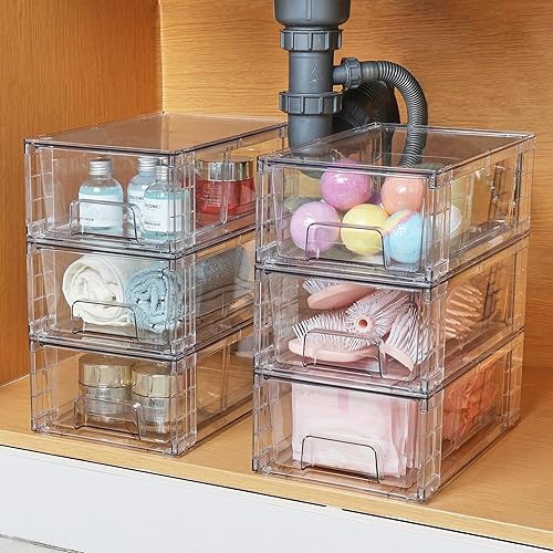 Vtopmart Lot de 6 tiroirs de rangement empilables en acrylique transparent avec poignées, faciles à assembler pour réfrigérateur, salle de bain, cuisine, sous-évier, armoire, garde-manger - Nail Gallerys