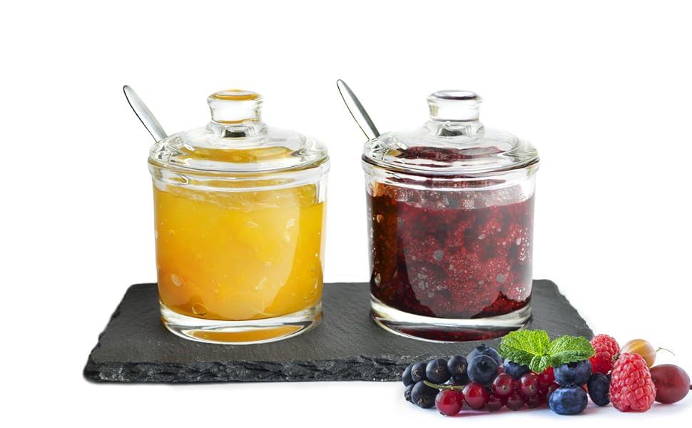  Lot de 2 pots à épices sur plateau en ardoise avec cuillère, pots à parmesan, pots à confiture, salière et conservation.