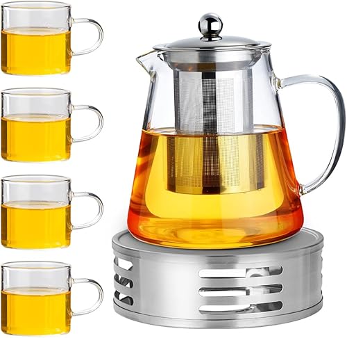 CEWROM Théière en Verre Borosilicate avec Infuseur et Réchaud - Service à Thé pour 4 Personnes - 1,3 L - Transparent - Nail Gallerys