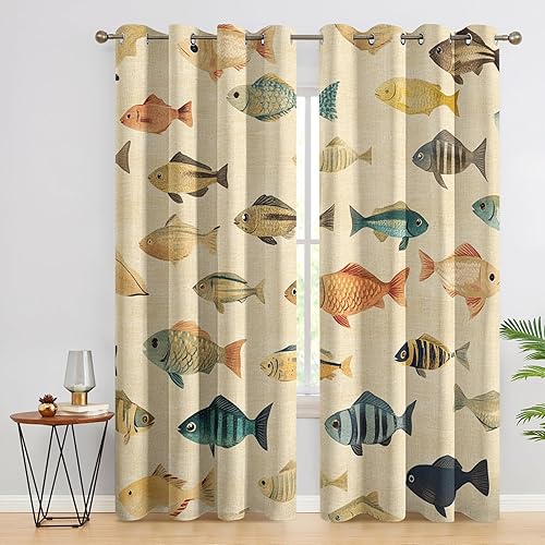 Générique Rideau Poisson, Rideaux Occultant Motif Océan Marin Côtier pour Decoration Salon Chambre Fenetre, Draperies Intérieurs à Oeillets Lot de 2, L 140 x H 180 cm - Nail Gallerys