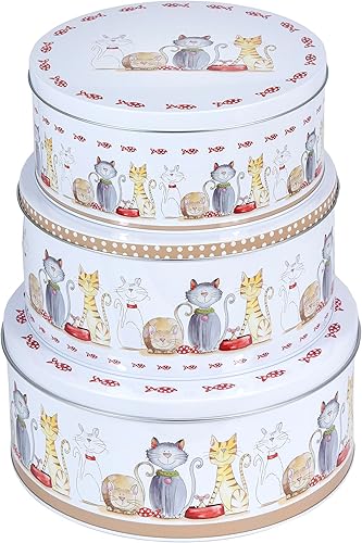 SPOTTED DOG GIFT COMPANY Lot de 3 Boîtes à Biscuits en Métal Rondes, Boîte de Rangement pour Gâteaux et Pâtisseries, Hermétiques et Empilabiles, Petit 20x9cm, Moyen 22x10cm, Grand 25x11cm - Chats - Nail Gallerys