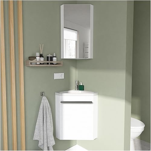 MOB-IN Ensemble Lave-Mains d'angle SKINO Blanc + Vasque + Armoire de Toilette - Nail Gallerys