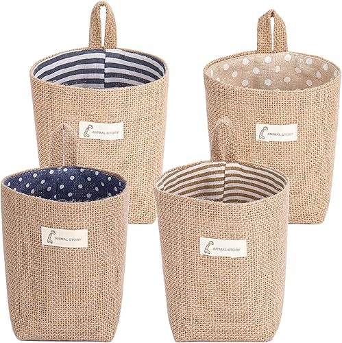 Lot de 4 paniers suspendus en coton et lin - Petit panier de rangement pliable - Pour objets et jouets - Nail Gallerys