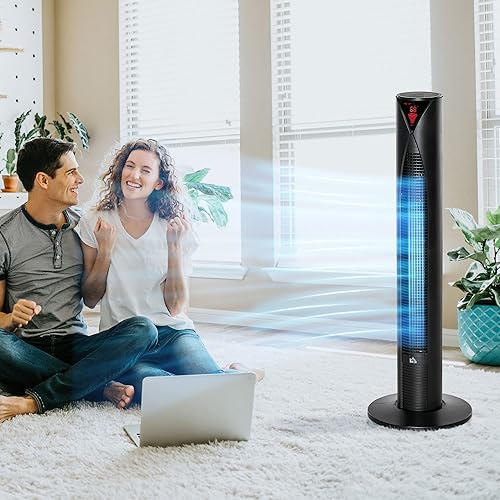 HOMCOM Ventilateur colonne, avec télécommande, minuterie 12 heures, mode veille, 3 vitesses, ventilateur tour oscillant pour maison, chambre à coucher, bureau, noir - Nail Gallerys