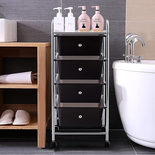 COSTWAY Chariot à roulettes avec 4 tiroirs empilables, chariot de rangement pour bureau, salon (noir) - Nail Gallerys