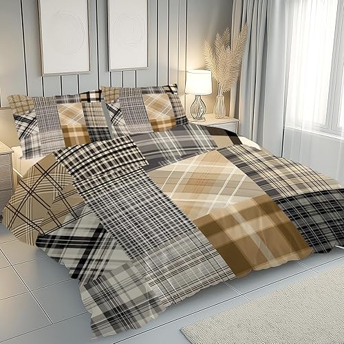 Sshjfeu Housse de Couette 220x240 Rustique Géométrique Rétro, Parure de Lit Patchwork Nostalgique 2 Personnes en Microfibre avec Fermeture Éclair Réversible, 2 Taies d'oreiller 65x65 cm - Nail Gallerys