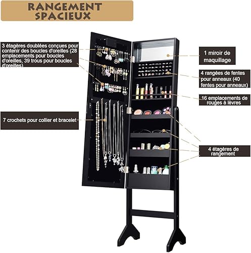 COSTWAY Armoire à Bijoux sur Pied avec 18 LED, Angle Réglable,Doublure en Velours Doux 35 × 31,5 x 145 CM (Blanc) - Nail Gallerys