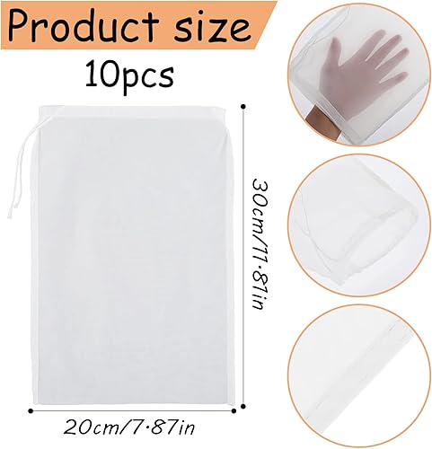 Guyode 10 Pièces Sac à Lait, 20 X 30 cm Sac Lait Végétal, Tissu en Nylon Réutilisable pour Filtrer le Jus, Blanc Filtre Passoire en Tissu, Sac en Tissu de Noix, Filtrer du Jus Végétal - Nail Gallerys