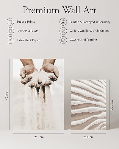 Heimlich® Tableau Décoration Murale - SANS Cadres - Set de Poster Premium pour la Maison, Bureau, Salon, Chambre, Cuisine - 2 x (30x42cm) et 4 x (21x30cm) | »Beige Sand Grass « - Nail Gallerys