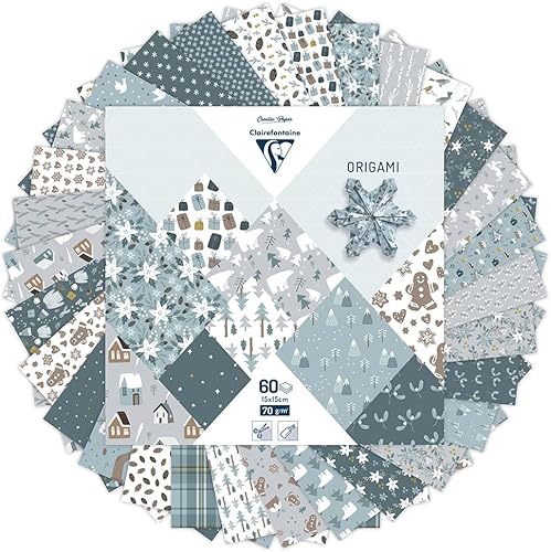 Clairefontaine 95374C - 60 Feuilles de Papier Origami 70g/m², Format 15x15cm, 30 Motifs Colorés Assortis (2 Feuilles par Motif), Loisirs Créatifs Adultes et Enfants, Collection Noël Polaire - Nail Gallerys