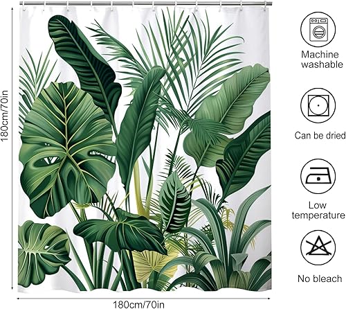 NEJLCTOROUS Rideau Douche Vert, 180x200 cm, Feuille de Palmier Tropical Verte Rideau, Bain Tissu Polyester Lavable Salle de Bain avec 12 Crochets - Nail Gallerys