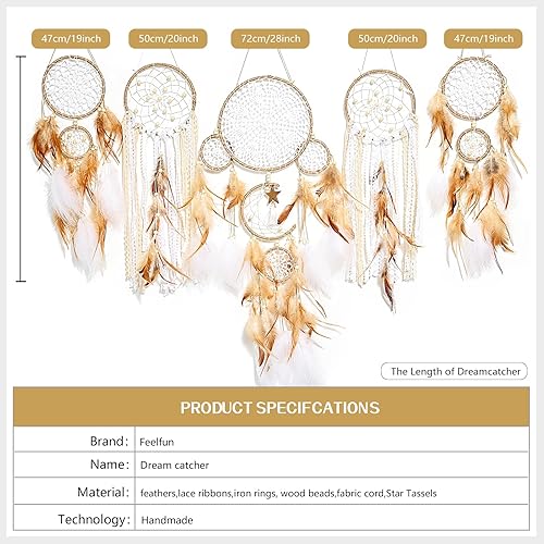 FeelfunFeather Lot de 5 attrape-rêves motif soleil et lune – Décoration murale bohème faite à la main avec plumes décoratives pour garçons et filles – Décoration d'intérieur (marron) - Nail Gallerys