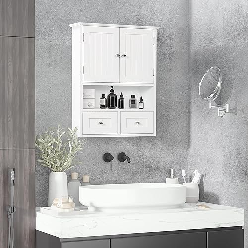 kleankin Armoire Murale de Salle de Bain, Armoire de Toilette, avec Portes Doubles, étagère Ouverte, 2 tiroirs pour Ranger, 50,8l x 17,8P x 66H cm, Blanc - Nail Gallerys