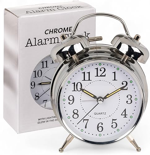 MIJOMA Réveil analogique rétro en métal chromé Ø 10 x 16 cm - Horloge de table avec double cloches, veilleuse, mouvement à quartz - Réveil vintage à piles - Nail Gallerys