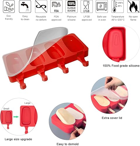 Nenkarn Lot de 2 Moules a Glace Silicone, Moule Magnum Cake, Popsicle Moule avec 2 Couvercles et 100 Bâtonnets en Bois pour la Crème Glacée DIY (Rouge) - Nail Gallerys