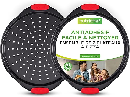 NutriChef Plaque Pizza,Moule à Pizza Antiadhésif, Plat Rond en Acier Perforé, Poignée en Silicone et Poignée Surdimensionnée,Plat pour Four, Passe au Lave-vaisselle, Noir - Nail Gallerys