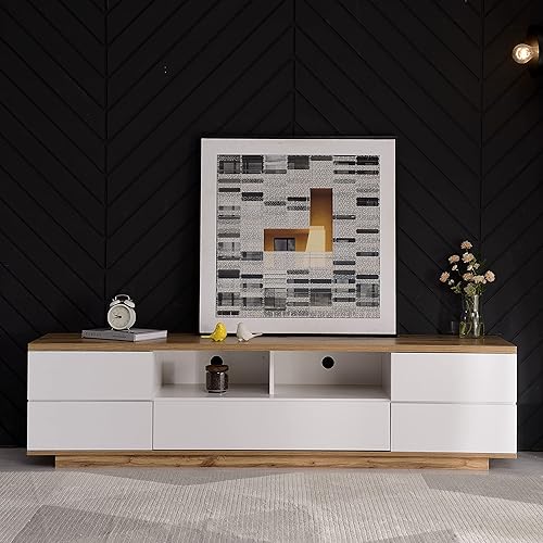 Winmores Meuble TV moderne en bloc de couleur blanche, meuble TV avec grain de bois, 180 cm (180 x 38 x 46 cm) - Nail Gallerys