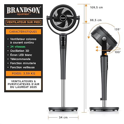 Brandson Ventilateur sur Pied 3D avec Moteur DC – Ultra Silencieux – 40 W – Lauréat 2025 – Hauteur réglable 88 à 110 cm – Minuterie, 24 Vitesses, Oscillation horizontale et verticale, Télécommande - Nail Gallerys