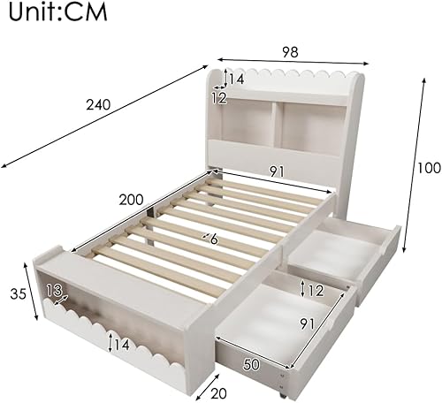 Zubaliya Lit Enfant 90x190 cm avec 2 tiroirs,étagère et Banc avec Rangement,Cadre de lit en Bois avec sommier à Lattes,Blanc(sans Matelas) - Nail Gallerys