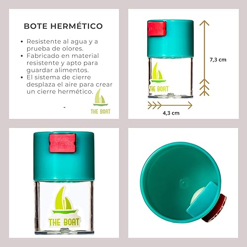 Bocal Anitolor étanche à l'eau et aux odeurs fortes I 50 ml d'espace I Idéal pour herbe et épices + Grinder métallique léger 4 pièces THE BOAT couleur argent - Nail Gallerys