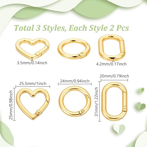 AHANDMAKER Lot de 6 fermoirs mousquetons - 3 styles - Doré - Élargisseur de collier - Ovale - Cœur rond - En métal - Pour la fabrication de bijoux, le bricolage, le matériel de rechange - Nail Gallerys