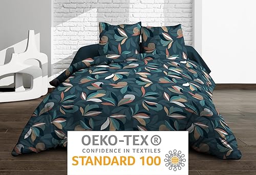 Le linge de Jules Parure Drap Plat + Drap-Housse 140x190 + 2 T - Pur Coton 57 Fils - Lena, Bleu - Nail Gallerys