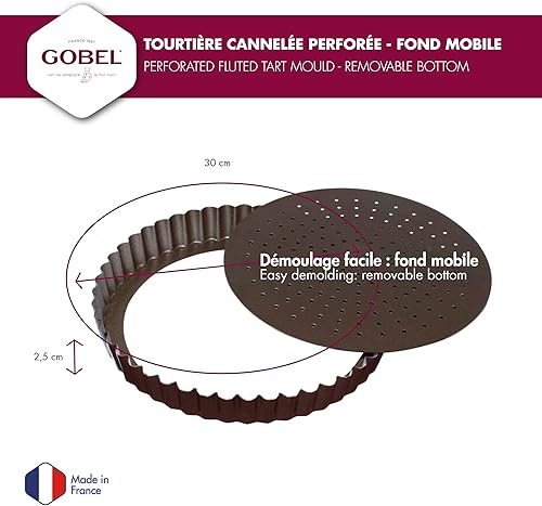 Gobel - Tourtière Ronde Cannelée Perforée - Ø 30 cm - Acier - Revêtement Antiadhérent Bicouche Garanti sans PFAS - Qualité Professionnelle – Fabriqué en France, Marron - Nail Gallerys