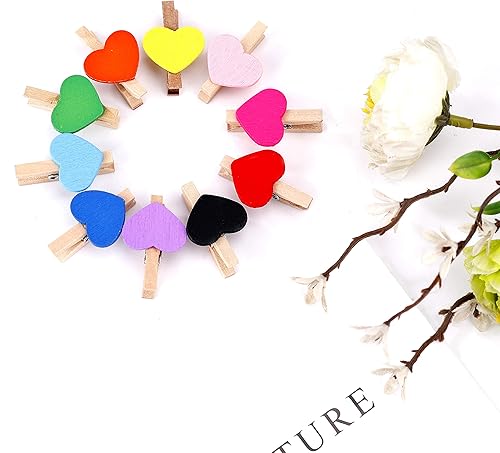 Pince à Linge en Bois Mini Coeur Clips Photos avec Ficelle de Jute 30m pour Décoration de Carte de Titulaire de Photo de Fête de Mariage et Bricolage Décoration 100 Pieces Coloré - Nail Gallerys