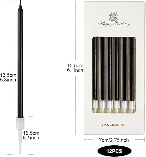 Lot de 12 bougies d'anniversaire, noires, fines et longues, sans odeur, non toxiques, avec support, pour décoration d'anniversaire, de mariage, de fête, d'anniversaire pour gâteau (noir) - Nail Gallerys